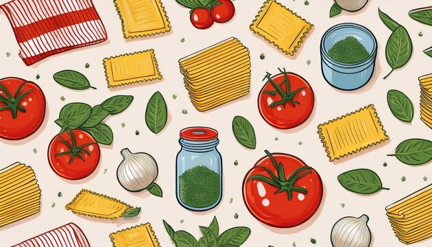 seamless pattern of italian cooking ingredients and kitchenware featuring ravioli tomatoes basil jars and striped towels