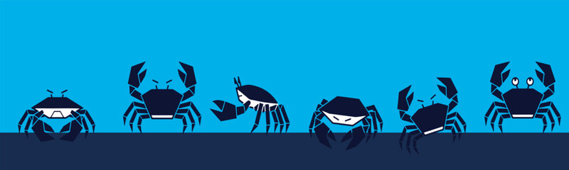 A group of five cartoon crabs with various expressions and poses against a blue background, depicting marine life. © Riki