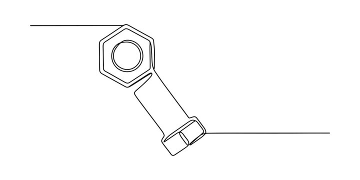 Continuous single line drawing of a metal bolt and nut combined as one solid piece of hardware for engineering or construction design projects