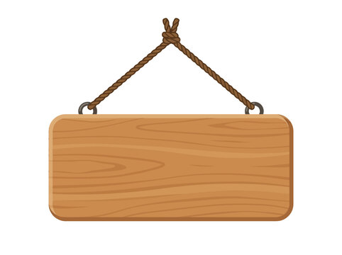 hanging wooden board icon, rectangular wooden sign suspended by rope, smooth polished wood texture with rounded corners, shop signage concept