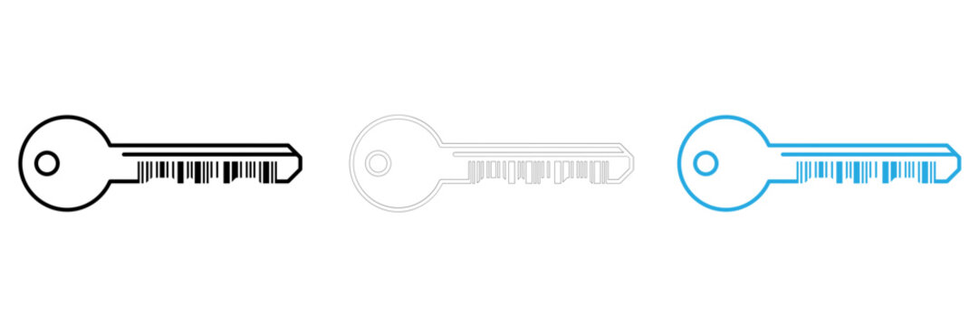 Simple key and lock icon set with barcode isolated on transparent background, Vector