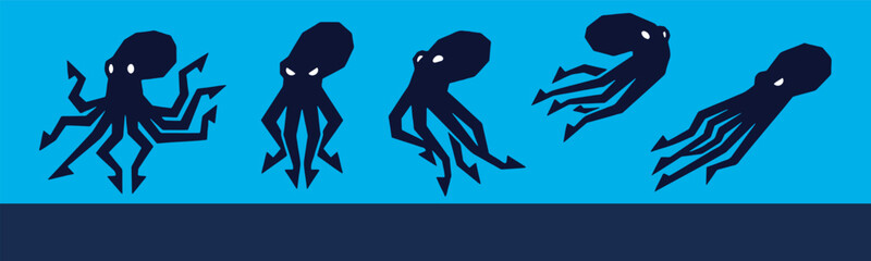 Set of five dark blue octopus illustrations in various poses on a bright blue background. © Riki
