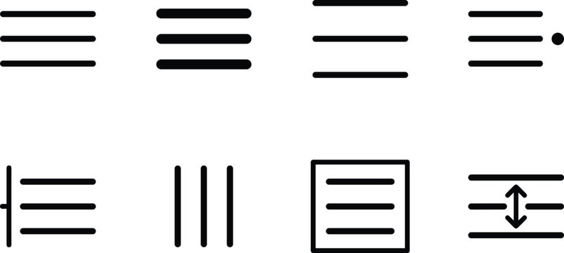 Hamburger Menu Icon Set with Text Alignment and Interface List Symbols for Web App Navigation Designs