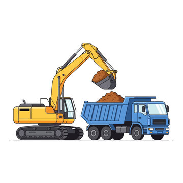 Yellow excavator loading dirt into blue dump truck.