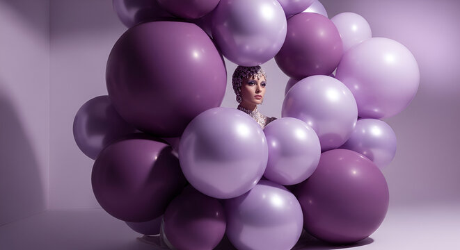 Glamorous woman peeking through ring of purple balloons, fashion portrait