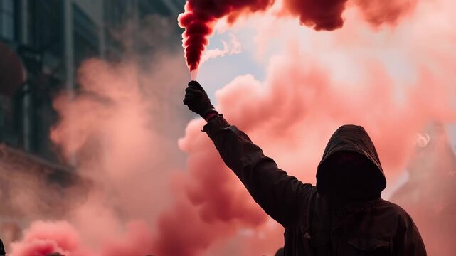 Hooded protestor waving red smoke, A hooded individual holds a red smoke bomb aloft