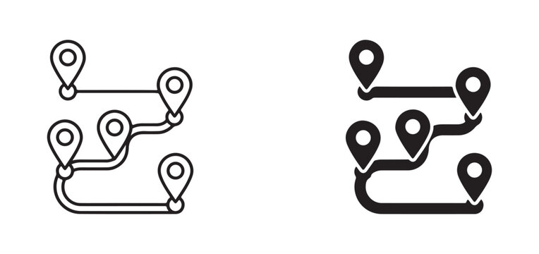 navigation route map icons with multiple location pins connected by lines for directions and tracking on transparent background  vector graphics