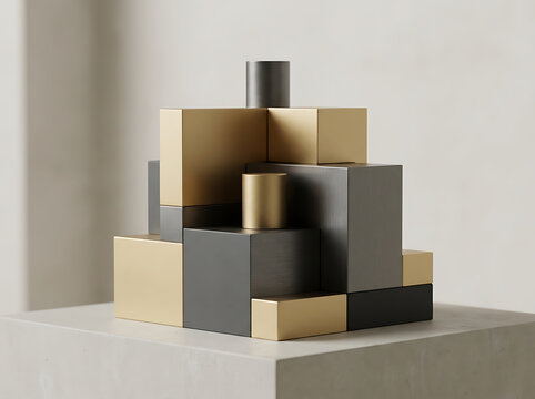 Abstract gold and black geometric shapes. Modern 3D composition of blocks. Luxury minimalist decor.