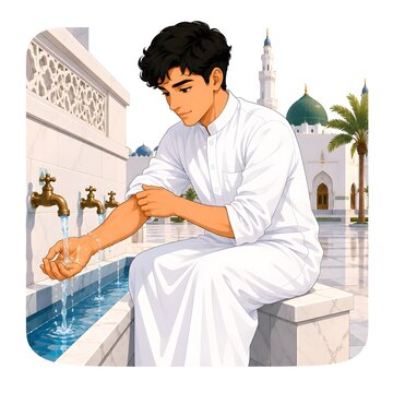 Young Arab Man Performing Wudu at Quba Mosque
