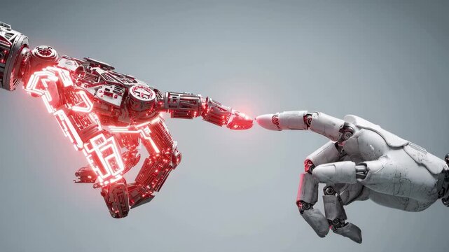 Human and robotic hand are touching each, A robotic hand reaching out to a human hand