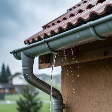 A rainwater downspout on a house with a brown roof and stucco wall on a rainy day