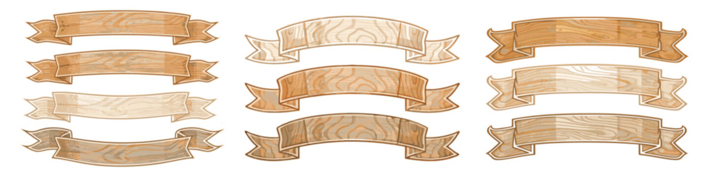 A versatile collection of rustic wooden ribbon banners featuring various natural wood grain textures and realistic timber finishes.