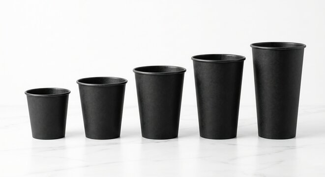 Blank matte black takeaway paper coffee cups displayed in ascending sizes. Premium disposable beverage packaging mockup isolated on a bright white background with generous copy space.