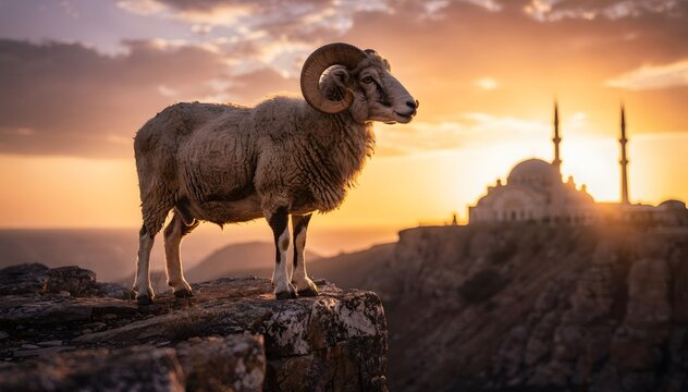 Majestic ram (Ovis aries) stands proudly on a rocky mountain edge, overlooking a scenic landscape with a distant domed structure at a stunning sunset