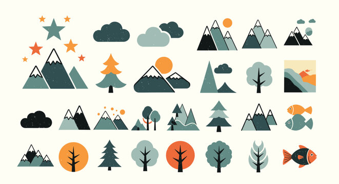 Comprehensive collection of flat design nature icons featuring mountains trees clouds stars and fish in a muted color palette.
