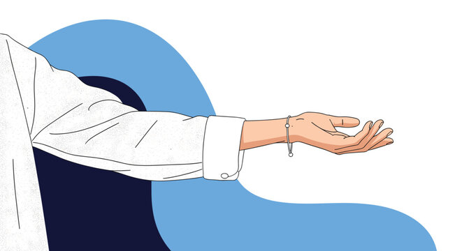 Human arm wearing a white shirt reaches out with an open hand over a flowing blue background in a helpful gesture.