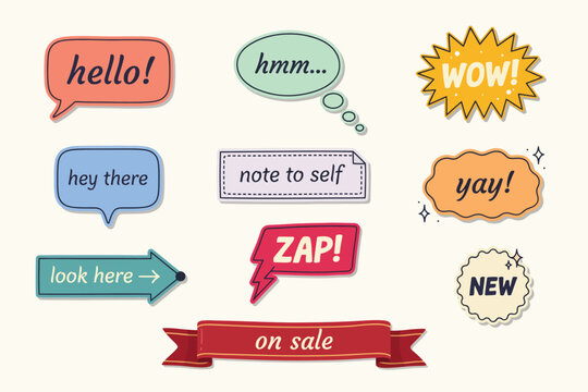 Flat of speech bubbles and sale banners in bright colors flat hello hey there