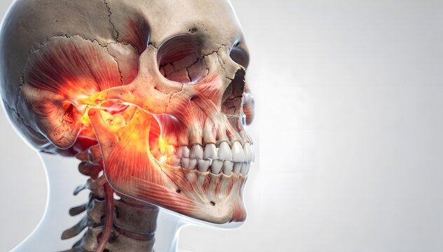 Detailed 3D Medical Illustration of a Human Skull and Jaw Joint with Highlighted Area Indicating Pain or Inflammation in the Temporomandibular Joint (TMJ) and Associated Muscles