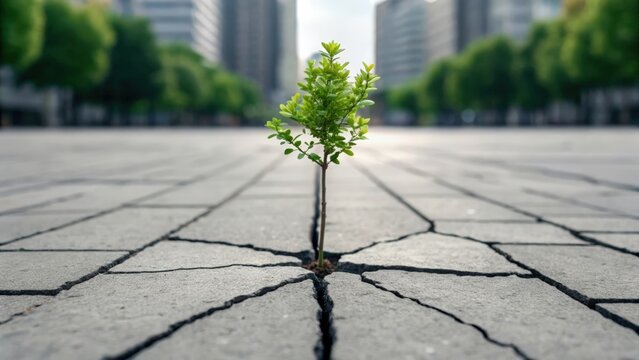 Small tree growing through cracked concrete in urban cityscape background