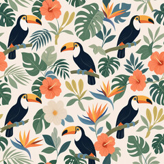 Naklejka premium Seamless Toucan Tropical Pattern with Exotic Flowers and Jungle Foliage - Vibrant repeating design featuring colorful toucans, tropical blooms and lush botanical elements for nature-inspired creations