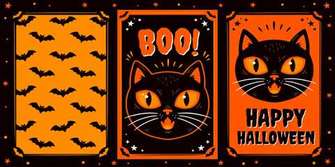 Halloween cat greeting cards with bat patterns and spooky designs © VectorBlast