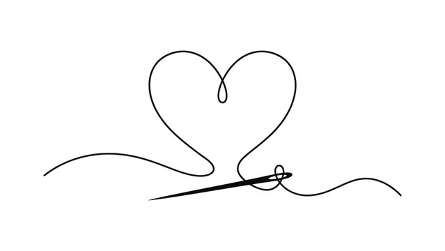 Continuous line drawing of a sewing needle creating a heart shape.