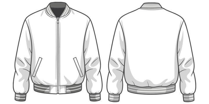 Bomber jacket striped rib sketch, front and back technical drawing, fashion garment outline, apparel design template, stylish clothing vector, flat vector illustration