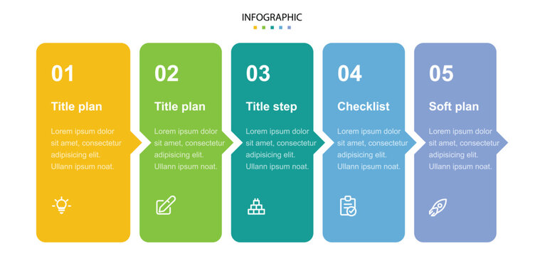 Step by step progress timeline layout design featuring five numbered vertical rectangular columns with arrow pointers and basic flat line icons.