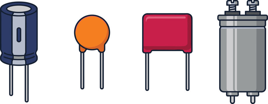 PrintElectronic capacitor vector illustration set featuring blue electrolytic capacitor orange ceramic disc capacitor pink film capacitor and metal screw terminal power capacitor