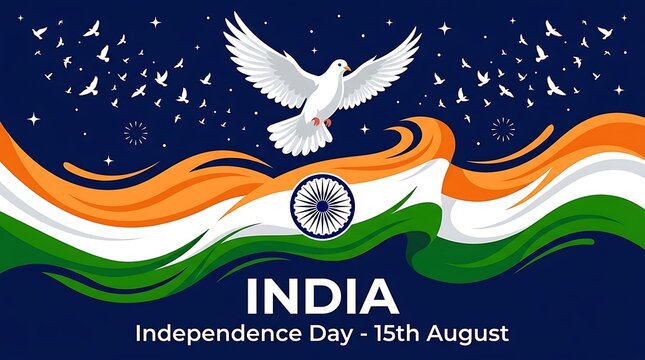Indian independence day illustration peace dove with tricolor flag waves for august 15th celebrations
