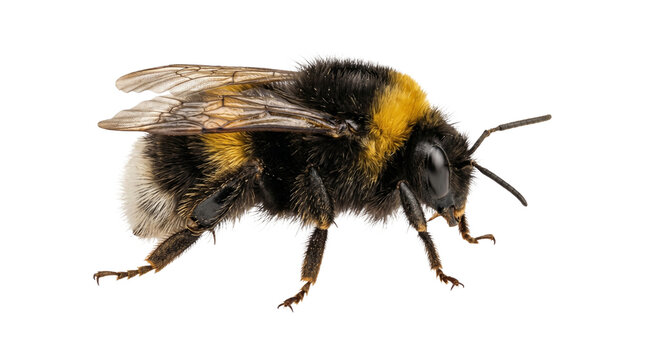 Close-up of a furry bumblebee with black and yellow stripes, prominent wings, and delicate antennae, captured in sharp detail on transparent background.