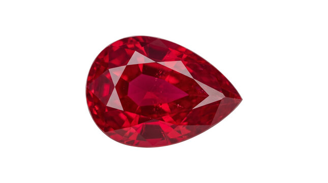 Captivating teardrop-shaped ruby gemstone displaying brilliant facets and rich, vibrant red color, isolated on a transparent background.