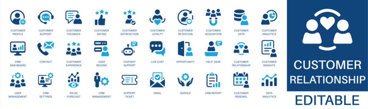 Customer relationship and crm solid icon set. Featuring customer support, customer retention, customer experience, help desk, and sales forecast. Editable vector glyphs for client management.