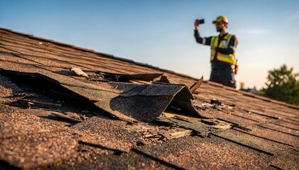 Fototapeta premium Roof repair, maintenance, and inspection concept with a damaged roof and a contractor capturing images of the problem, highlighting home improvement and structural integrity needs