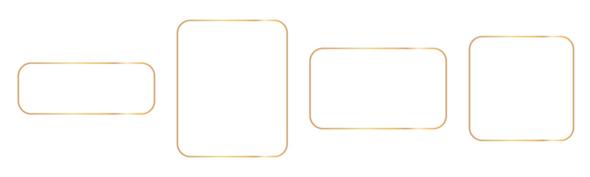 Golden rectangular frames border for invitation, set shiny glowing gold frame with rounded corners, elegant luxury gold banner