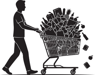 Black vector silhouette icon of a consumer pushing an overfilled shopping cart bursting with groceries bottles items dropping out consumerism grocery store retail shopping concept white background lay © digital mine