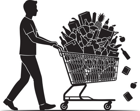Black vector silhouette icon of a consumer pushing an overfilled shopping cart bursting with groceries bottles items dropping out consumerism grocery store retail shopping concept white background lay