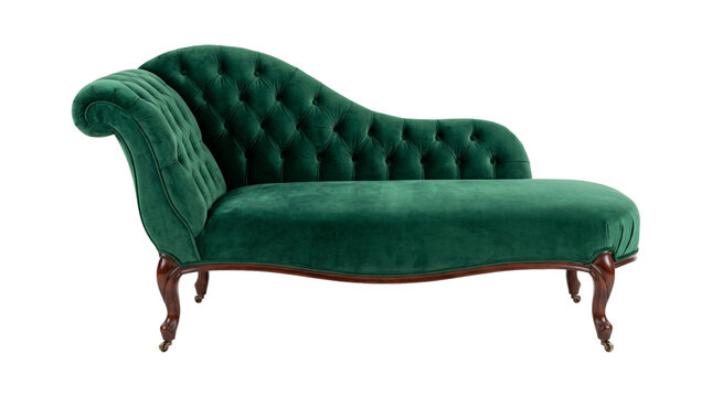 Luxury green velvet chaise longue with classic tufted backrest and dark wooden legs for interior design isolated on transparent background png furniture.