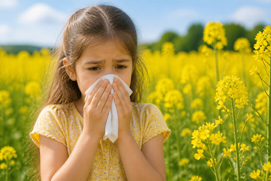 Young girl sneezing while holding tissue in flower field