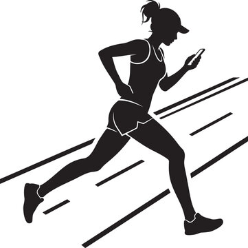 Woman running with smartphone silhouette vector graphic illustration of a female athlete jogging on running track while checking mobile phone screen multi tasking distraction hazard fitness workout co