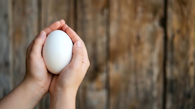 Hand holding white egg against rustic wooden background. Suitable for food, cooking, nutrition, and organic product marketing materials.