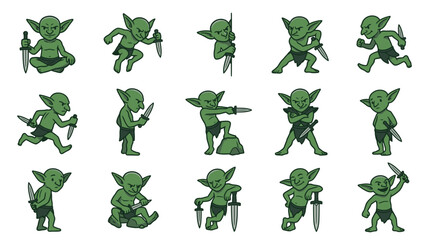 Obraz premium Action poses of small green goblin character sprites.