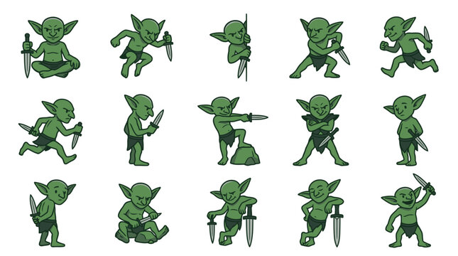 Action poses of small green goblin character sprites.