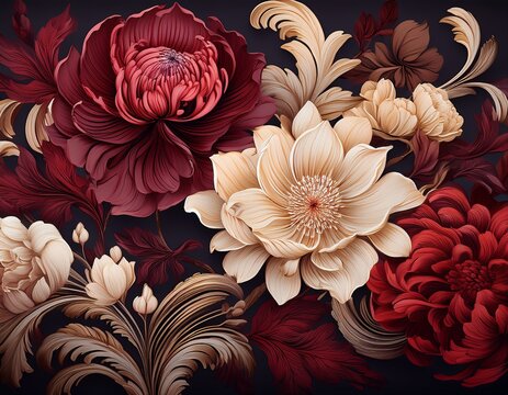 dramatic floral pattern showcasing large intricate flowers in jewel tones of burgundy coral and cream on a dark background for design fabrics and exclusive stationery