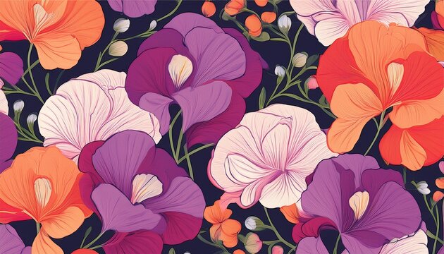 elegant floral seamless pattern of vibrant sweet pea flowers in shades of pink purple and orange for luxury fabrics and wedding stationery