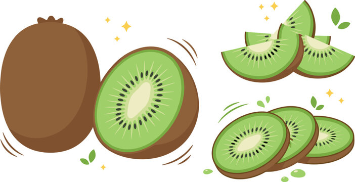 Fresh kiwi fruit vector illustration set featuring whole kiwi half cut pieces sliced rounds and wedges isolated on white background.