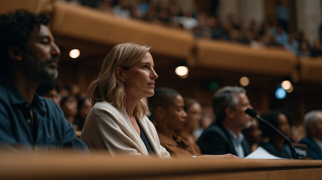 City council members seated at curved chamber dais studying amendment documents before casting electronic votes, chamber gallery packed with residents leaning forward as clerk