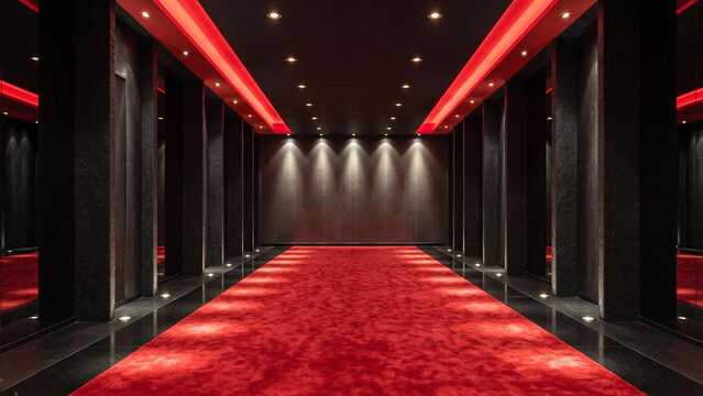 Grand red carpet entrance hallway with modern dark interior and ambient led lighting