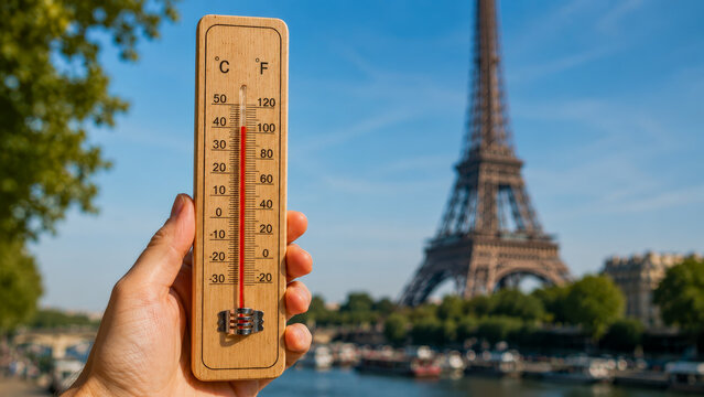 Hand holding thermometer with Eiffel Tower in Paris during extreme summer heatwave