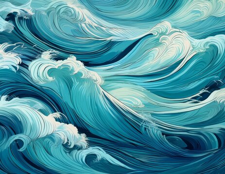 seamless abstract turquoise blue rolling ocean waves seascape painting background texture contemporary tileable nautical sea water backdrop or summer vacation beach theme digital art pattern